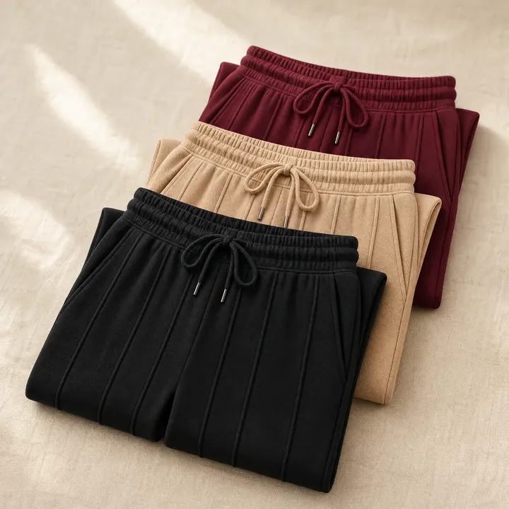 Tres pantalones Paris doblados: negro, camel y vinotinto