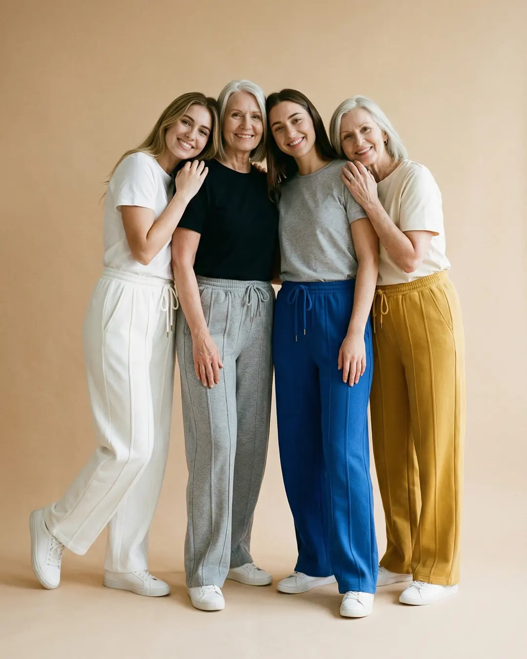 Cuatro mujeres de distintas edades con el Pantalón Paris en blanco, gris, azul rey y mostaza